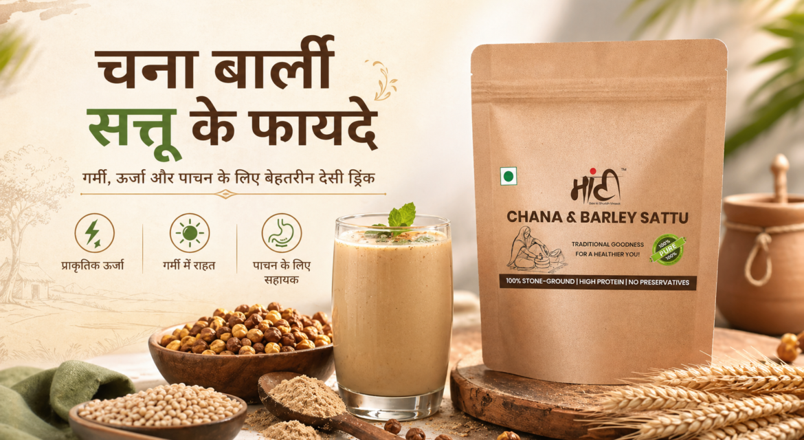 Maati Chana & Barley Sattu ke fayde dikhata hua image, jisme sattu packet, sattu drink aur chana-barley ingredients dikh rahe hain.
